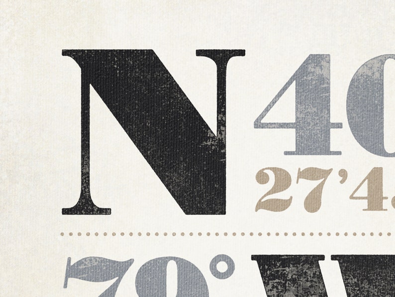 May include: Close-up of a vintage-style graphic with the text "N 40&deg; 27' 4" 70&deg; W". The graphic is in black, gray, and brown.
