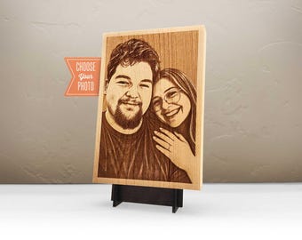 Fotografía personalizada grabada en madera, retrato personalizado, madera maciza, regalo de aniversario o boda.