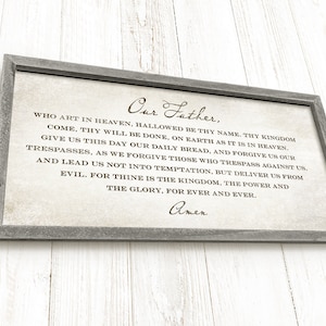 Lord&#39;s Prayer Sign, The Lord&#39;s Prayer Framed Wall Art, Dining Room Wall Decor, Our Father Who Art in Heaven Sign on Vintage White Canvas