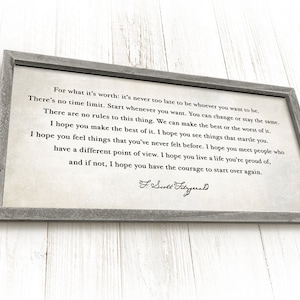 For What It&#39;s Worth -  Framed, F Scott Fitzgerald Quote, Graduation Gift, Hand-crafted Rustic Barnwood and Canvas