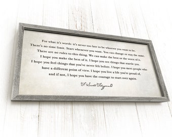 For What It's Worth -  Framed, F Scott Fitzgerald Quote, Graduation Gift, Hand-crafted Rustic Barnwood and Canvas