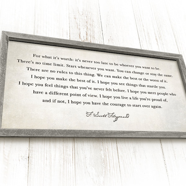 For What It's Worth -  Framed, F Scott Fitzgerald Quote, Graduation Gift, Hand-crafted Rustic Barnwood and Canvas