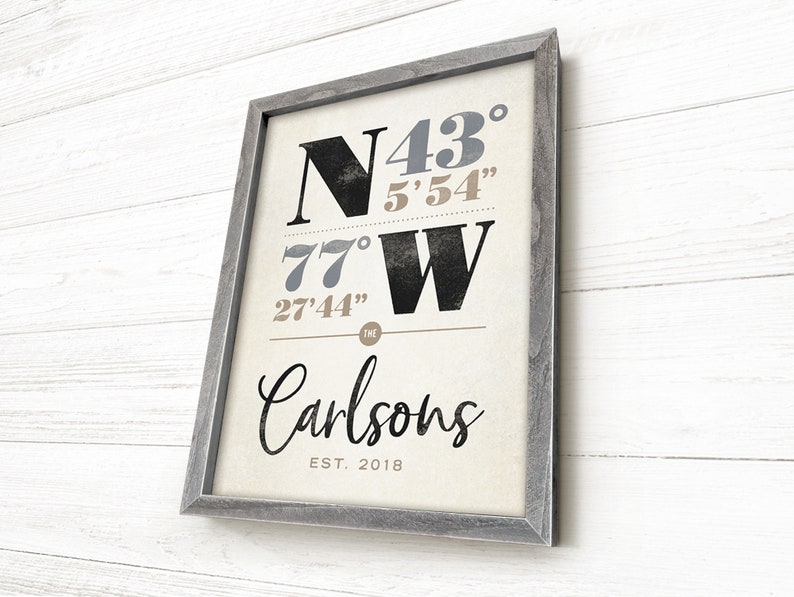 May include: A framed print with a white background and black text. The text reads "N43&deg; 5'54" 77&deg; W 27'44" The Carlsons EST. 2018".