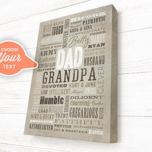 May include: A brown canvas print with a word cloud design. The words include "Dad", "Grandpa", "Strong", "Wise", "Humble", "Faithful", "Generous", "Devoted", "Intelligent", "Kindhearted", "Energetic", "Charming", "Industrious", "Clever", "Sincere", "Gregarious", "Handsome", "Patriotic", "November 14, 1959", "Army", "Matthew", "Tyler", "Mitch & Ann", "Kurt & June", "Allegra", "Paley", "Chad", "Mike & Becky", "Trent", "Peyton", "Jay & Anastasia", "Brandon", "Octoberfest", "Rachel", "Greg & Gina", "Lentory", "Compassionate", "Derek", "Betty", "Handy", "Ryan", "Garfield Street", "Auton Brad Island".