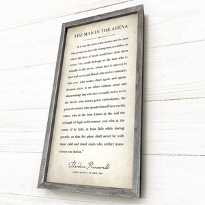 The Man in the Arena -  Framed, Theodore Roosevelt Quote, Farmhouse Sign, Hand-crafted Rustic Barnwood and Canvas
