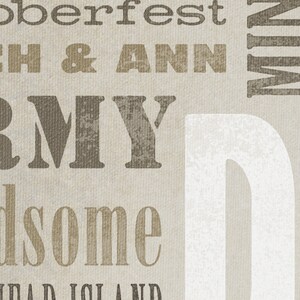 May include: A beige and brown word art print with the words "Oktoberfest", "Mitch & Ann", "Army", "Handsome", and "Min", with a large white letter "D" in the background.