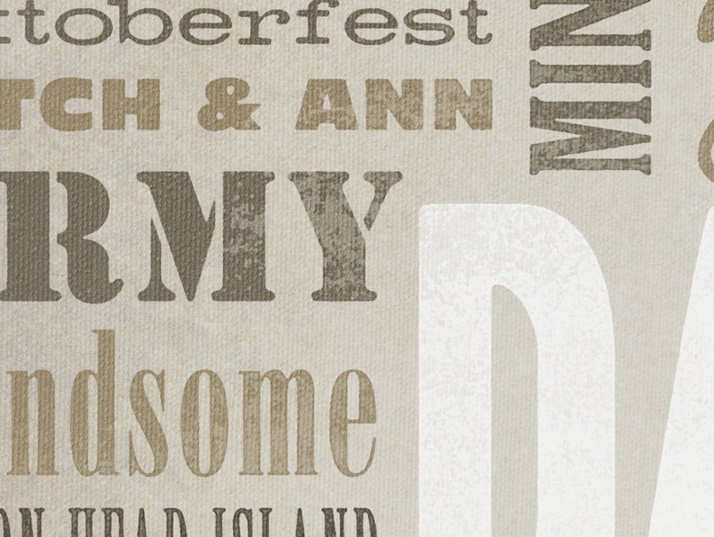 May include: A beige and brown word art print with the words "Oktoberfest", "Mitch & Ann", "Army", "Handsome", and "Min", with a large white letter "D" in the background.