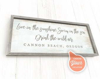 Beach Decor for the Wall, Beach House Sign, Framed, Live in the Sunshine, Swim the Sea, Quote, Ralph Waldo Emerson, Coastal Wall Art