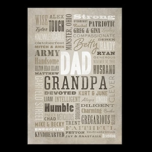 May include: A beige and brown word art print with the words "Dad" and "Grandpa" in large white letters. The print features a list of words describing the person, including "wise", "strong", "handsome", "generous", "devoted", "humble", "intelligent", "faithful", and "kindhearted".