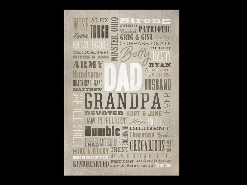 May include: A beige and brown word art print with the words "Dad" and "Grandpa" in large white letters. The print features a list of words describing the person, including "wise", "strong", "handsome", "generous", "devoted", "humble", "intelligent", "faithful", and "kindhearted".