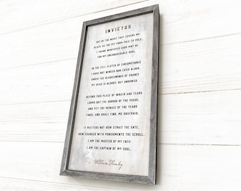 Invictus Poem, by William Ernest Henley,  Inspirational Sign, Dorm Decor Wall Art, Framed Hand-crafted Rustic Barnwood, Heavyweight Canvas