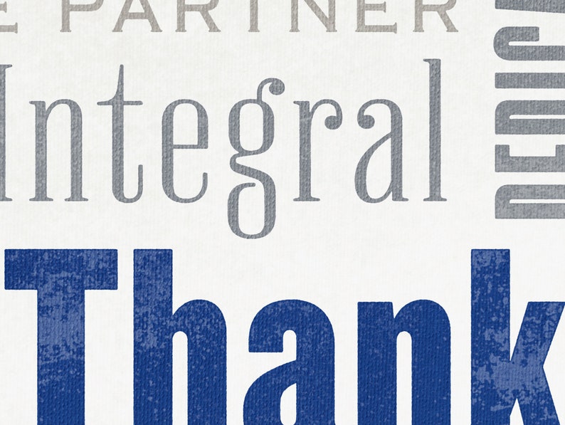 K&ouml;nnte beinhalten: Ein blauer und grauer Typografie-Druck mit dem Wort "Danke" in gro&szlig;en blauen Buchstaben und den Worten "Integraler Partner" in kleineren grauen Buchstaben.