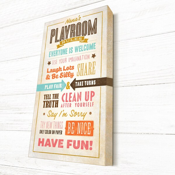 Personalized, Playroom Rules, Playroom Sign, Playroom Rules Sign, Playroom Wall Decor on Canvas, Choose Your Colors