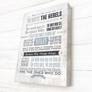 Steve Jobs Quote, Here&#39;s to the crazy ones, Letterpress style typography, READY TO HANG Canvas Gallery Wrap, Famous Quote