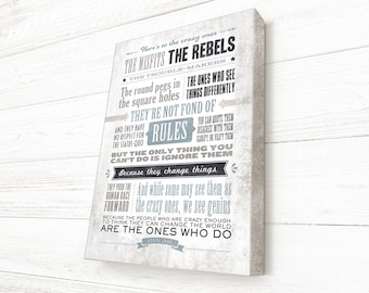 Steve Jobs Quote, Here's to the crazy ones, Letterpress style typography, READY TO HANG Canvas Gallery Wrap, Famous Quote