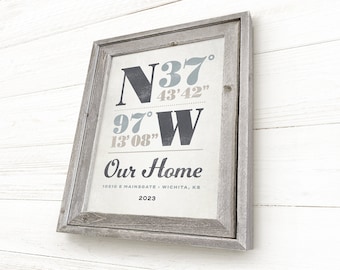 Framed Longitude and Latitude Sign, Framed Housewarming Gift, Handcrafted Barnwood Frame, First Home Gift