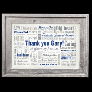 K&ouml;nnte beinhalten: Eine gerahmte Wortwolke in Graut&ouml;nen und Blau mit dem Text "Danke Gary!" in der Mitte. Die Wortwolke enth&auml;lt W&ouml;rter wie "F&uuml;hrungskraft", "unterst&uuml;tzend", "f&uuml;rsorglich", "gro&szlig;z&uuml;gig", "weise", "Freund", "Leistungstr&auml;ger", "Gr&uuml;nder", "integrativ", "Gesundheitswesen", "Klinischer Studienleiter", "Onkologie-Experte", "Chefarzt", "C3-Forschung", "13 Jahre im Dienst", "das Beste kommt noch!" und "Mariners-Fan".