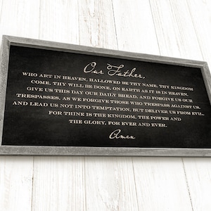 The Lord&#39;s Prayer Framed Wall Art, Lord&#39;s Prayer Sign, Dining Room Wall Decor, Our Father Who Art in Heaven Sign on Vintage Black Canvas
