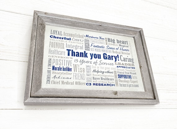 Personalized Retirement Gift, Retirement Sign, Corporate Gift Idea, Boss Leaving Gift, Custom Word Art on Canvas with Barn wood Frame