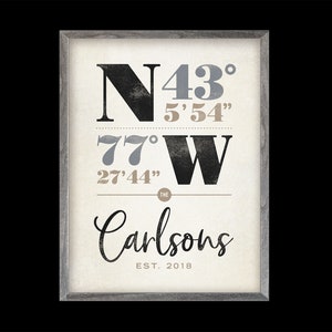 May include: A framed print with a white background and black text. The text reads "N 43&deg; 5' 54" 77&deg; 27' 44" W The Carlsons EST. 2018".