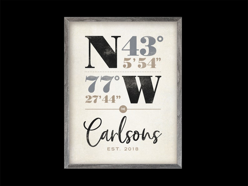 May include: A framed print with a white background and black text. The text reads "N 43&deg; 5' 54" 77&deg; 27' 44" W The Carlsons EST. 2018".