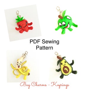 Felt Bag Charm PDF sewing pattern, Fruit cute characters, Strawberry, Banana, Apple, Avocado, Keychain, lanyards, collectors, bag charms