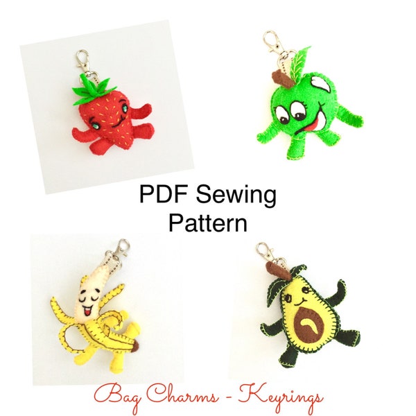 Felt Bag Charm PDF sewing pattern, Fruit cute characters, Strawberry, Banana, Apple, Avocado, Keychain, lanyards, collectors, bag charms