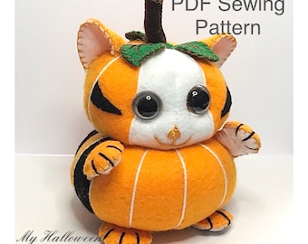 Felt Halloween Pumpkin Kitten PDF sewing pattern, kidsroom decor, gift for kids, diy felt toys hand sewing craft, PDF pattern for Halloween
