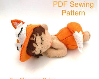 Felt Fox Sleeping Baby, sewing pattern, tutorial, fox hat, plushie, cute, gift, PDF, DIY, Christening, new born, 1st Birthday, Sleepy fox,