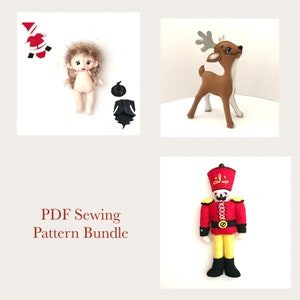 May include: A collection of handmade felt dolls and ornaments. Includes a doll with brown hair, a reindeer with silver antlers, and a toy soldier in a red uniform. The text "PDF Sewing Pattern Bundle" is also visible.