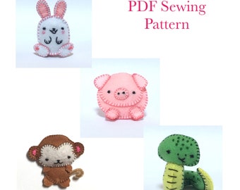 Fel Kawaii animals PDF Sewing Pattern -  toy PDF tutorial Kidsroomdecor homeschoolproject Pig Bunny Snake Monkey handcraft handmade