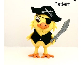 Felt Pirate Chicken PDF sewing pattern,  pirate hat and sword, 3D PDF pattern, plushie, kidsroom decor, crafty gift, diy felt toys, pirate
