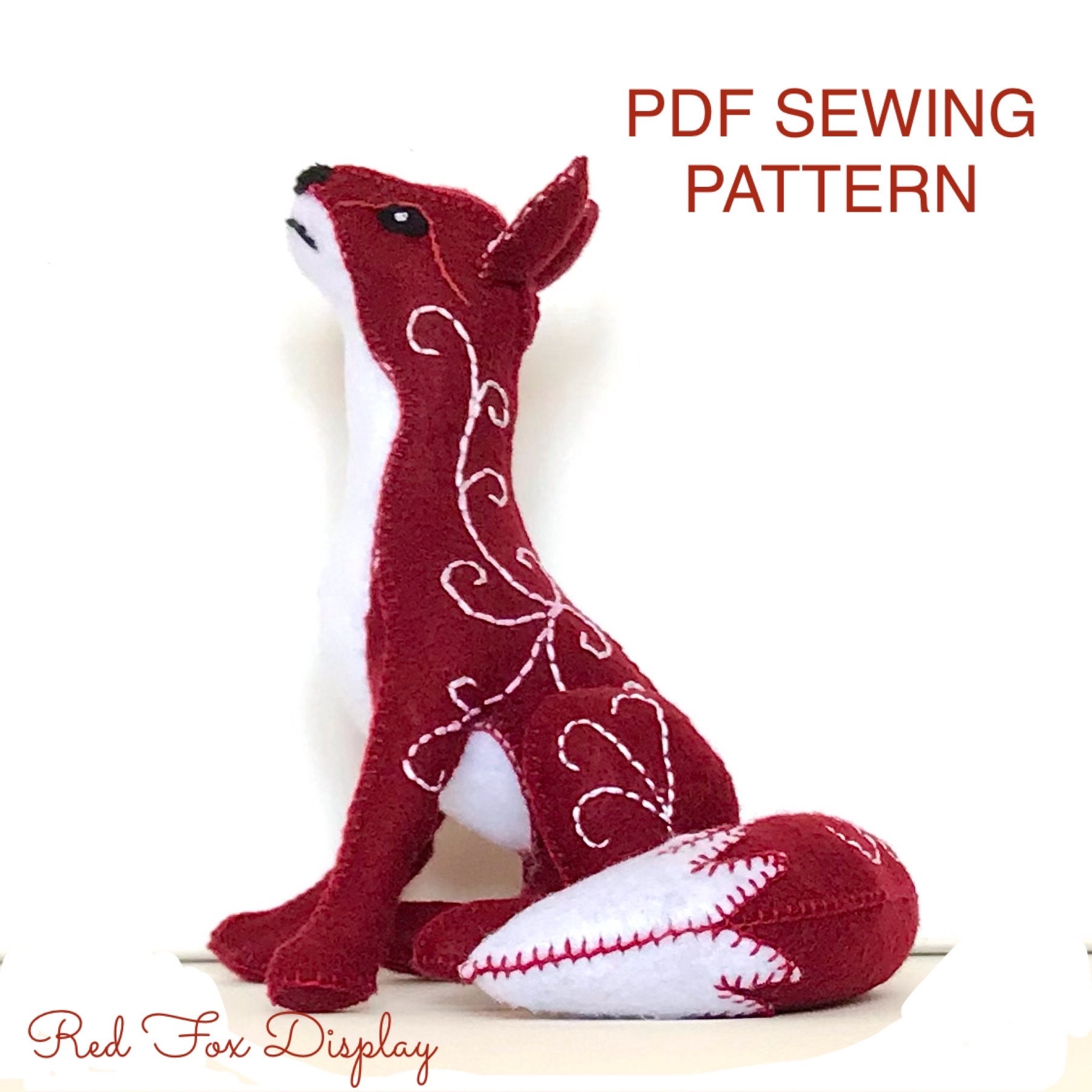 FELT RED FOX pdf sewing pattern, red fox display, fox sewing pattern, toy fox, embroidered fox, holiday project, kidsroomdecor, mom crafters