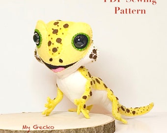 Felt Gecko PDF sewing pattern - embroidered gecko, holiday hand sewing craft project, decor for kids room, felt crafters, 3D felt gecko, diy