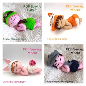 May include: Four felt baby dolls in various costumes, including an aviator, fox, bunny, and Peaky Blinder. Each doll is lying down with closed eyes, suggesting sleep. The text "PDF Sewing Pattern" is displayed above each doll, and the name of each doll is displayed below.
