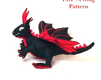 Felt Black and Red Dragon PDF sewing Pattern - Plushie Toy Dragon, sewing tutorial, kidsroom decor, Stuffed toy, felt craft sewing pattern