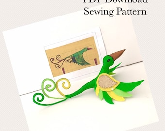 Felt Bird PDF Sewing Pattern -  fantasy 3D bird, Toy bird Pattern, sewing craft project, fantasy bird, kidsroom decor, bird template