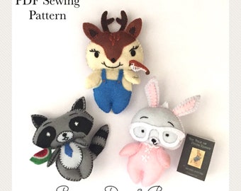 Felt PDF Sewing Pattern, Bunny, Raccoon, Deer,  Cute Felt Animals, kidsroom decor, craft sewing project, Plushie Toy, diy kids gift, charm