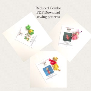 May include: Three PDF sewing pattern downloads with handmade plush toys. The toys include a green frog with yellow accents, a pink fairy with purple antennae, and a yellow giraffe with a red scarf. Text on the image reads "Reduced Combo PDF Download sewing patterns."