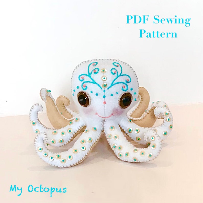 Felt Octopus PDF Sewing Pattern Felt cute plushie baby 3D Octopus, sewing tutorial, kidsroom decor, Stuffed embroidered toy, kids gift. image 1