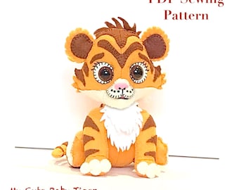 Felt Cute Baby Tiger PDF sewing pattern - orange felt tiger toy display, holiday hand sewing project, decor for kids room, felt crafters