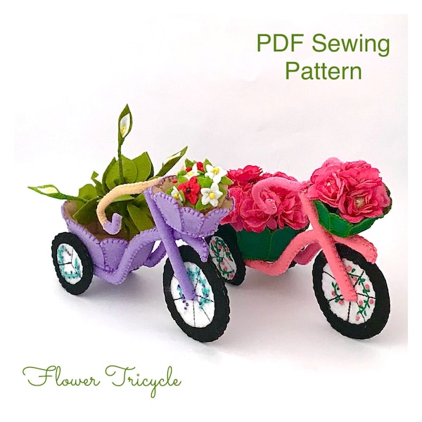 Felt Flower Tricycle sewing pattern, Trike,  PDF sewing pattern, florist display, sewing tutorial, decor, ornaments, arts & crafts, bike