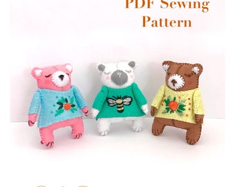 Felt Mini Pocket Bear PDF Sewing Pattern, Downloadable Pattern, sewing tutorial, felt pink white brown bears, kidsroomdecor, diy felt craft