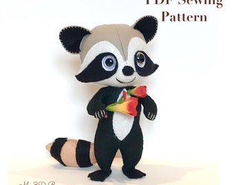 Patrón de costura en PDF de mapache 3D de fieltro: exhibición de juguetes de mapache, proyecto de costura a mano para las fiestas, decoración para la habitación de los niños, artesanos de fieltro, decoración de fieltro
