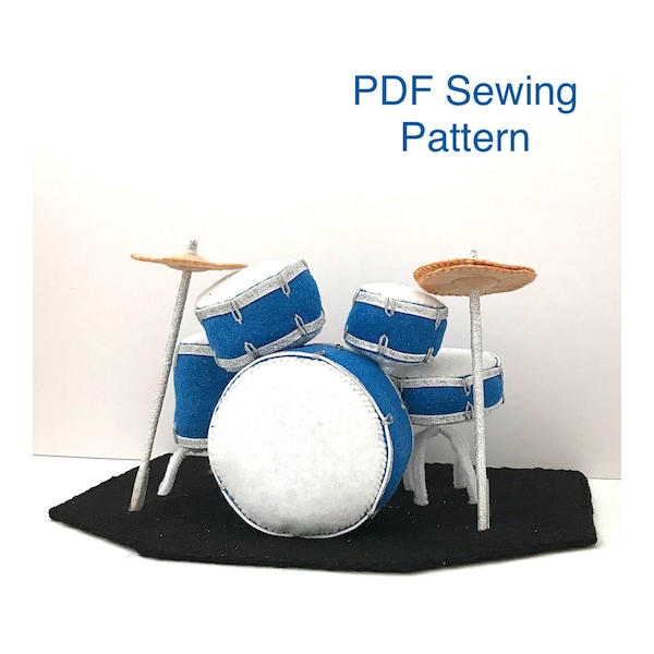 Felt Drum Kit Sewing Pattern - desk display, mini drum kit, desk ornament, miniature drum kit, office desk ornament, cute drum kit, crafters