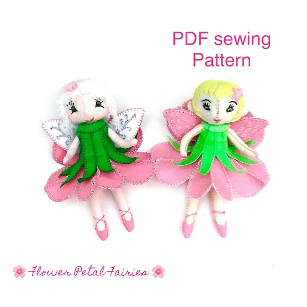Felt Fairy PDF sewing pattern - Flower Fairy, kidsroomdecor, Pink Petals toy fairy, kidsroom decor, party gift, diy felt fairy princess, diy