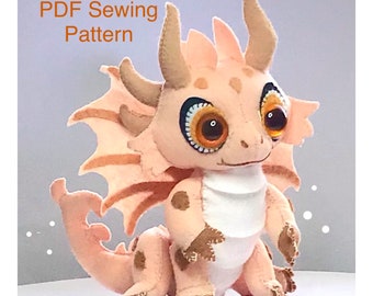 Felt PDF Baby Dragon Sewing Pattern - Felt cute plushie baby Dragon, sewing tutorial,  kidsroom decor, Stuffed toy, diy dragon, kids gift.