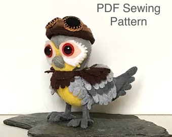 Felt Aviator Bird PDF sewing pattern,  aviator goggles, kidsroom decor, gift for kids, felt craft for kids room, diy felt toys, hand sewing