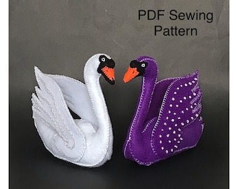 Felt Swan Sewing Pattern, tutorial, Plushie, Toy, decor, male, female, craft, PDF tutorial, DIY, craft, display, waterfowl, black, white