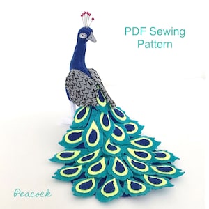 Peacock PDF naaipatroon - vilten vogel, knuffelvogel, exotisch, PDF-patroon, naai-tutorial, project, display, kinderkamer decor